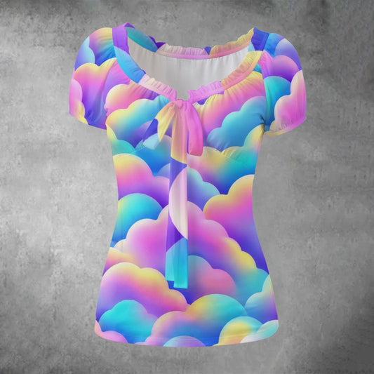 All-over print Women's Puff Sleeve Pleated Shirt