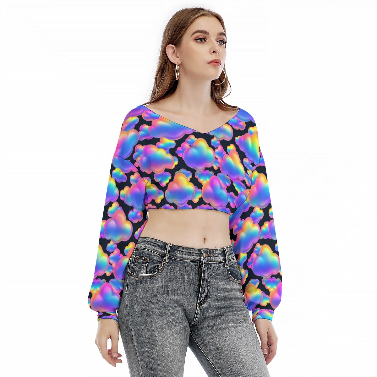 Women's V-neck Long Sleeve Cropped Sweatshirt