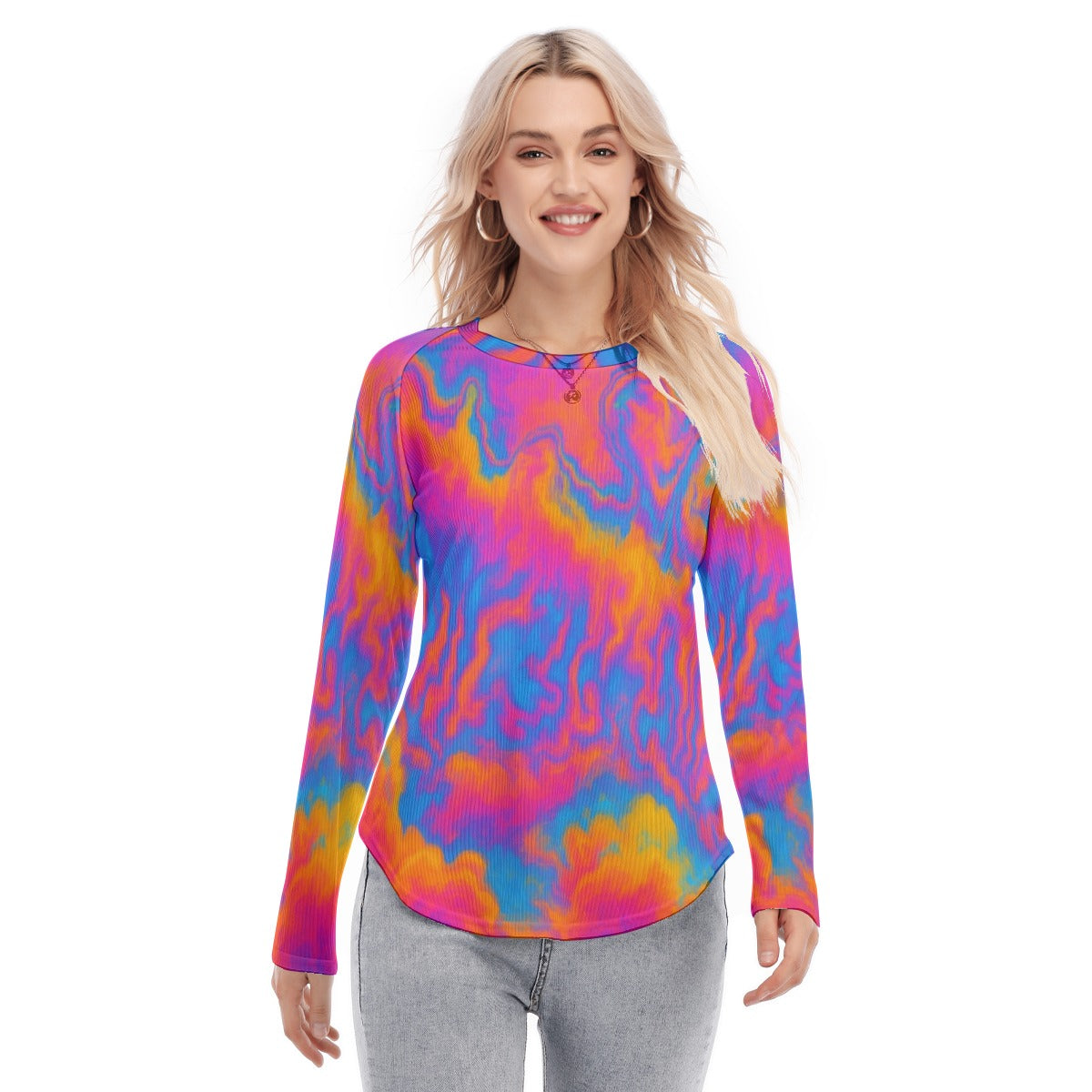 Women's Raglan Sleeves U-Shaped Hem Long Sleeves Blouse