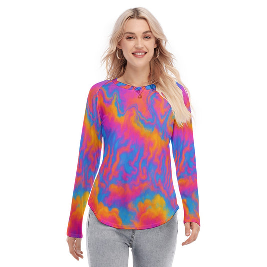 Women's Raglan Sleeves U-Shaped Hem Long Sleeves Blouse