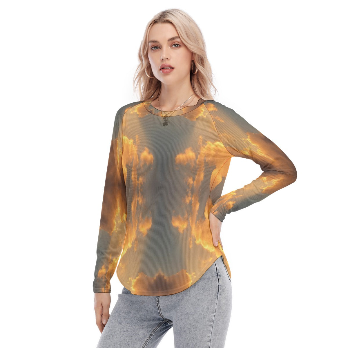 Women's Raglan Sleeves U-Shaped Hem Long Sleeves Blouse