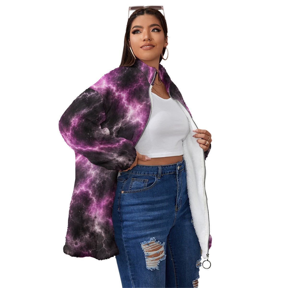 Unisex Borg-Fleece Stand-Up Collar Zip Coat — Plus Size - view 3
