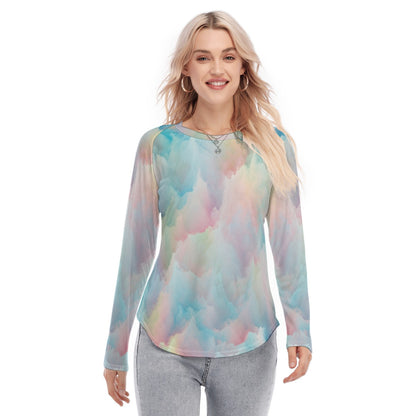Women's Raglan Sleeves U-Shaped Hem Long Sleeves Blouse