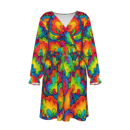 Women's V-neck Dress With Waistband(Plus Size)