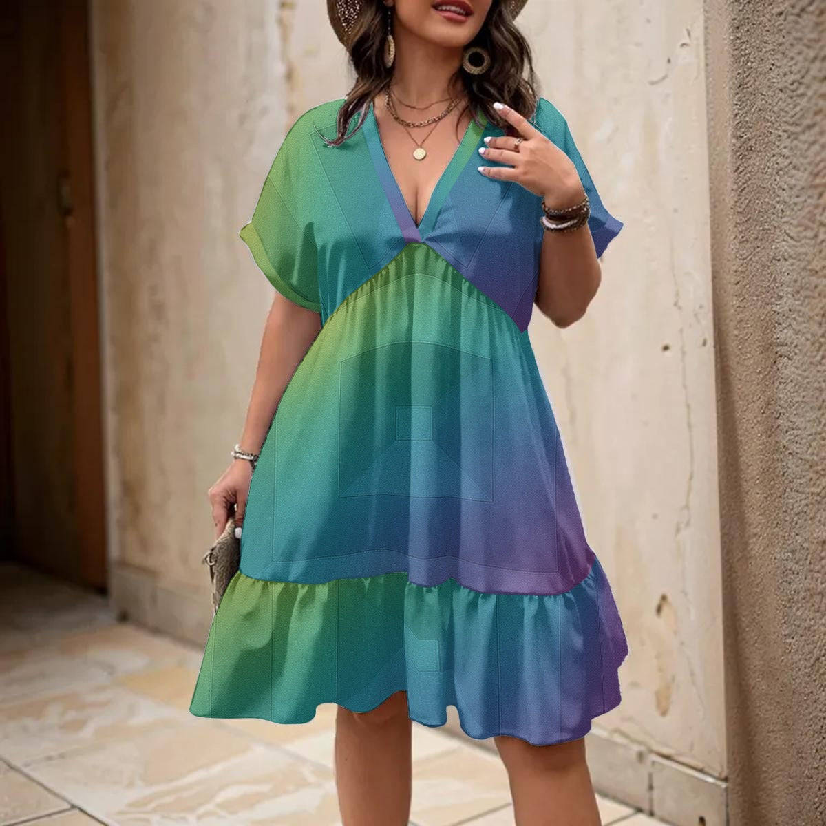 Unisex Women’s Floral V-Neck Short Sleeve Dress