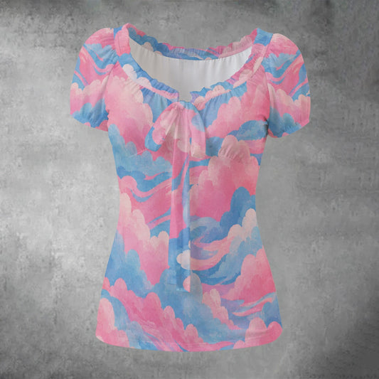 All-over print Women's Puff Sleeve Pleated Shirt