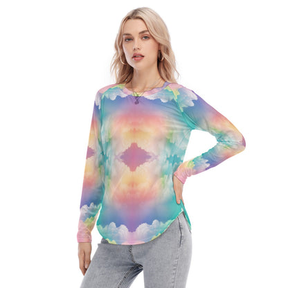 Women's Raglan Sleeves U-Shaped Hem Long Sleeves Blouse