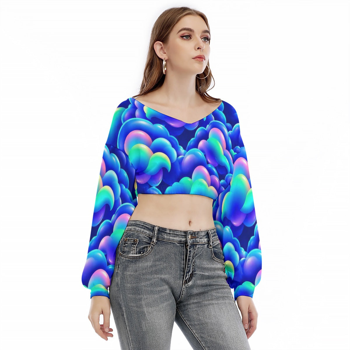 Women's V-neck Long Sleeve Cropped Sweatshirt