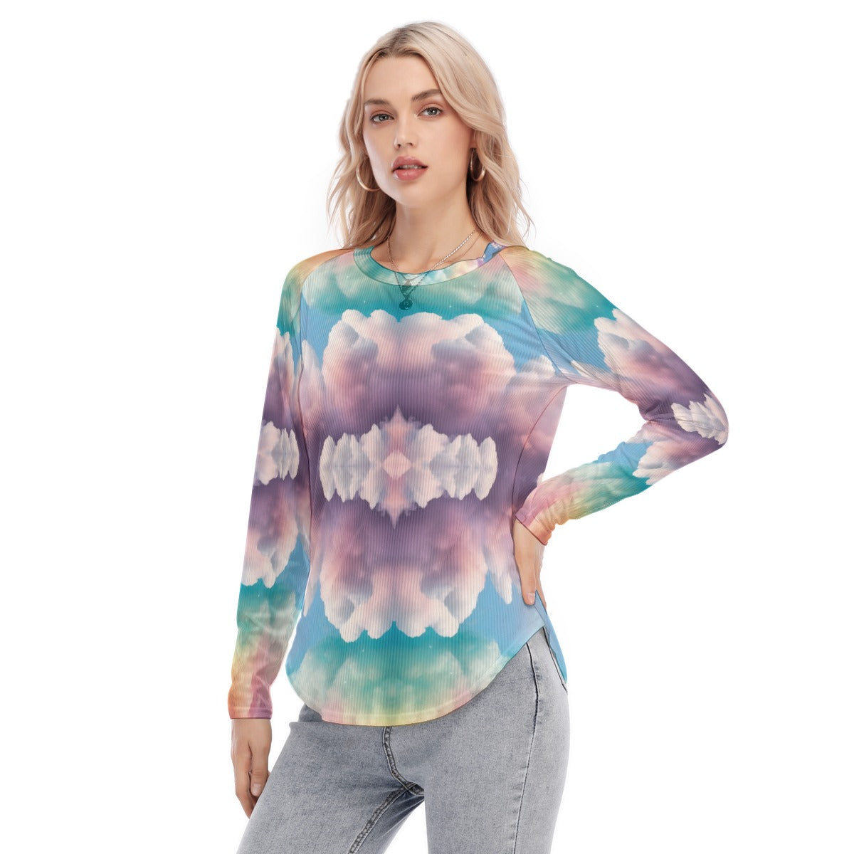 Women's Raglan Sleeves U-Shaped Hem Long Sleeves Blouse