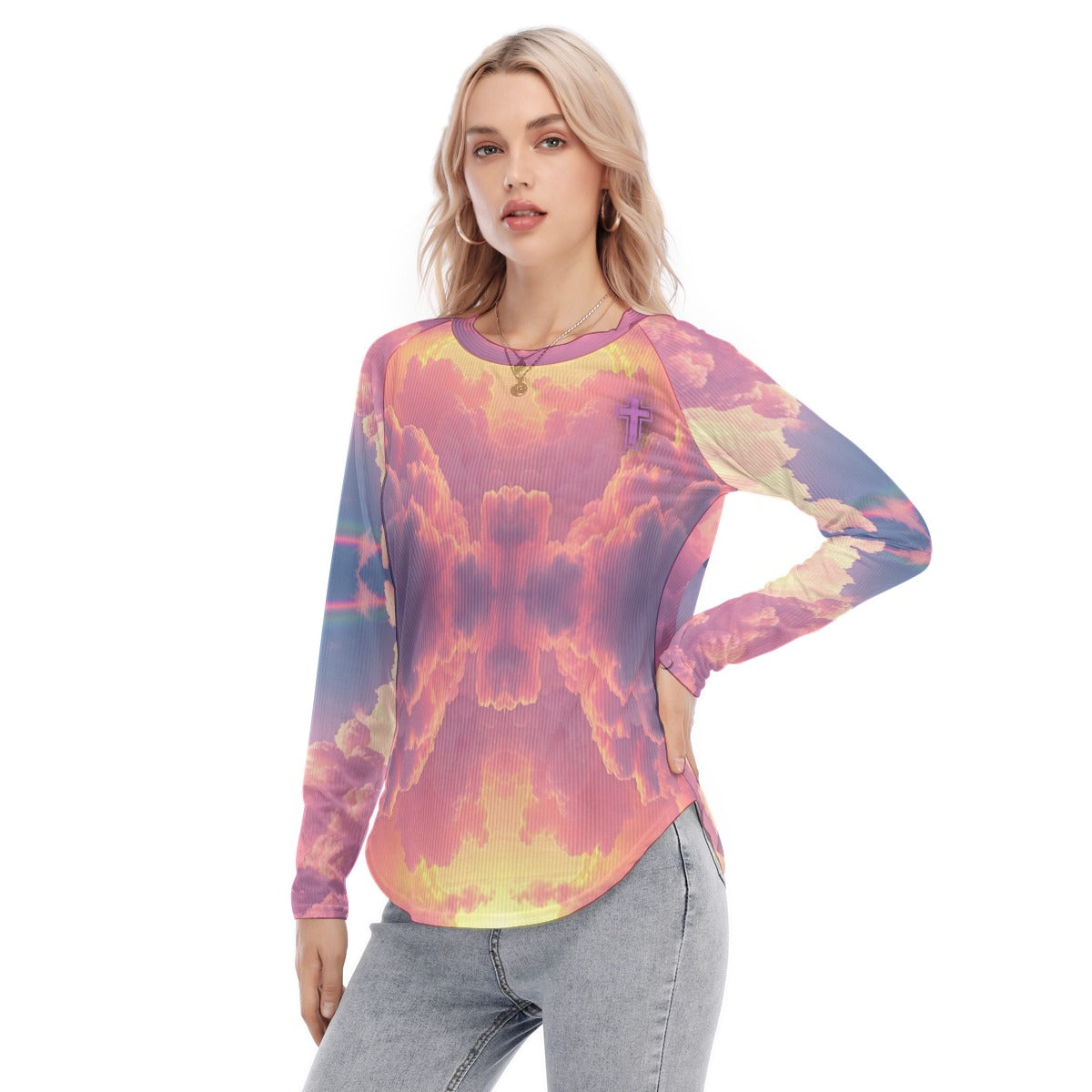 Women's Raglan Sleeves U-Shaped Hem Long Sleeves Blouse