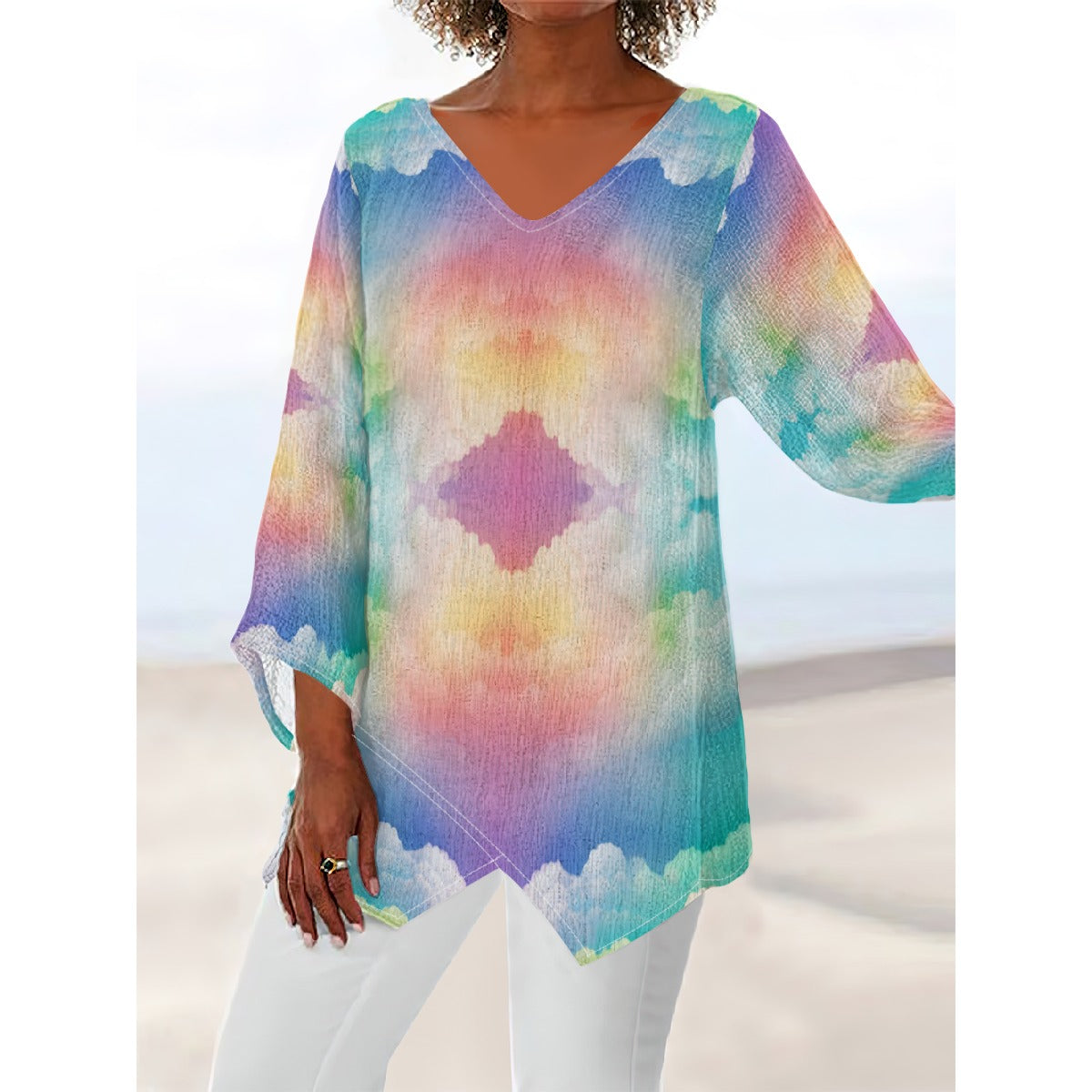 Women's V-neck T-shirt With Irregular Hem