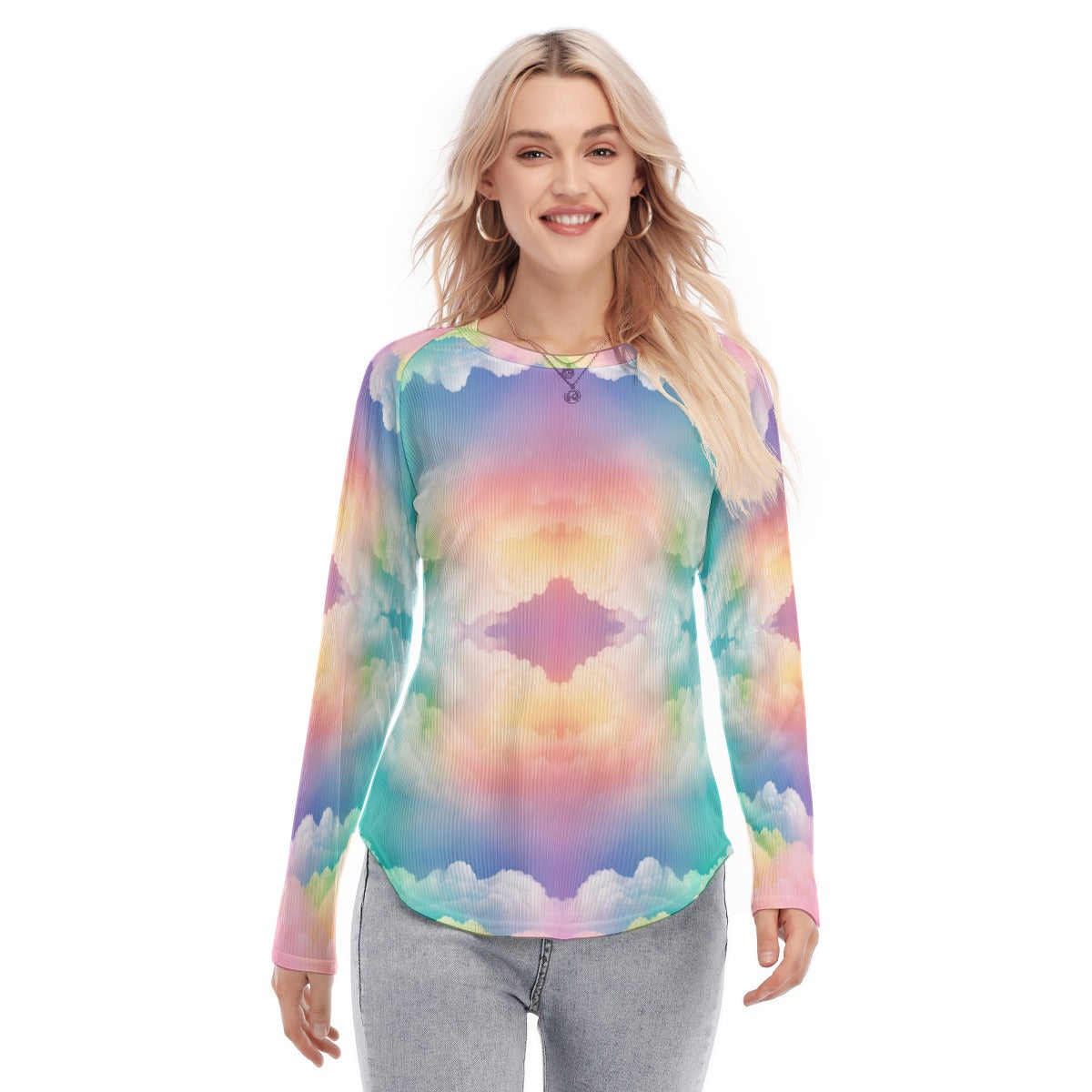 Women's Raglan Sleeves U-Shaped Hem Long Sleeves Blouse