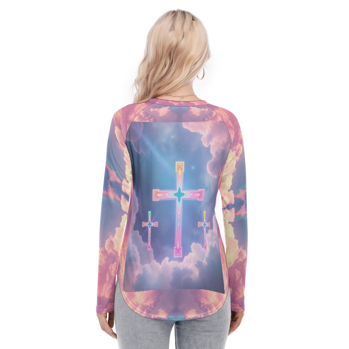 Women's Raglan Sleeves U-Shaped Hem Long Sleeves Blouse