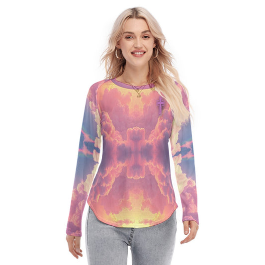 Women's Raglan Sleeves U-Shaped Hem Long Sleeves Blouse