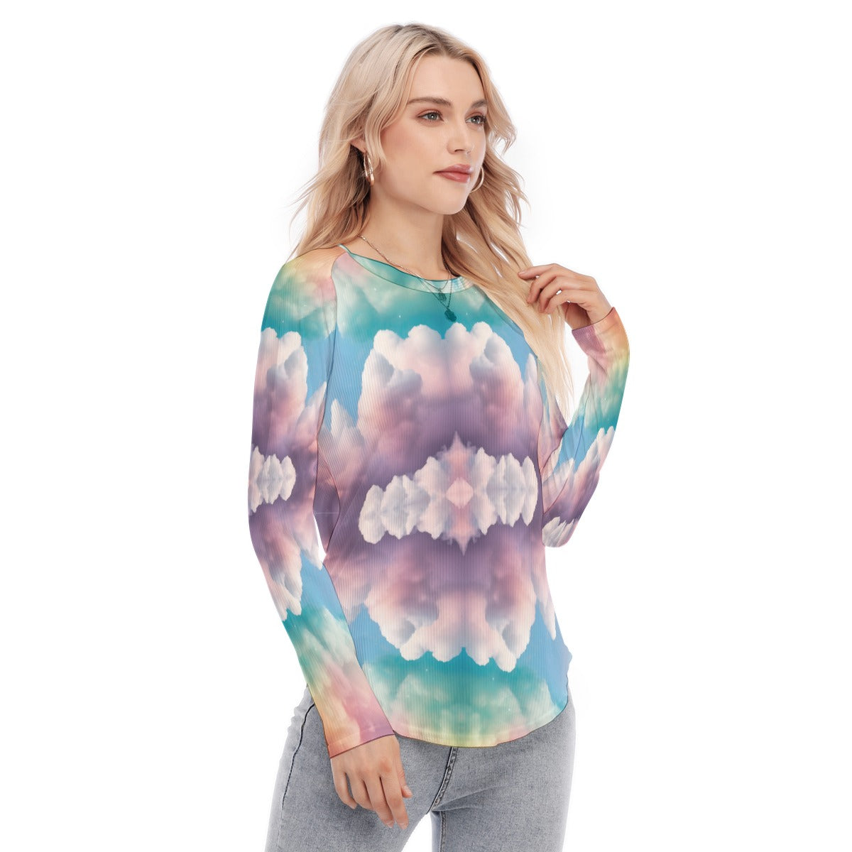 Women's Raglan Sleeves U-Shaped Hem Long Sleeves Blouse